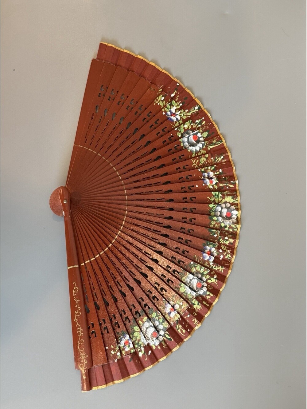 Vintage Hand Painted Spanish Fan with Lacquered Wood Frame 17” Large Great Cond - Picture 5 of 14